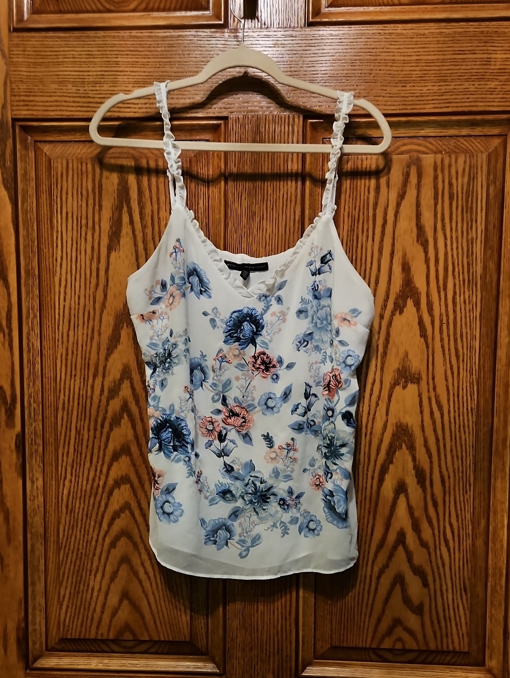 White House Black Market White Floral Satin Cami with Blue and Pink Blooms